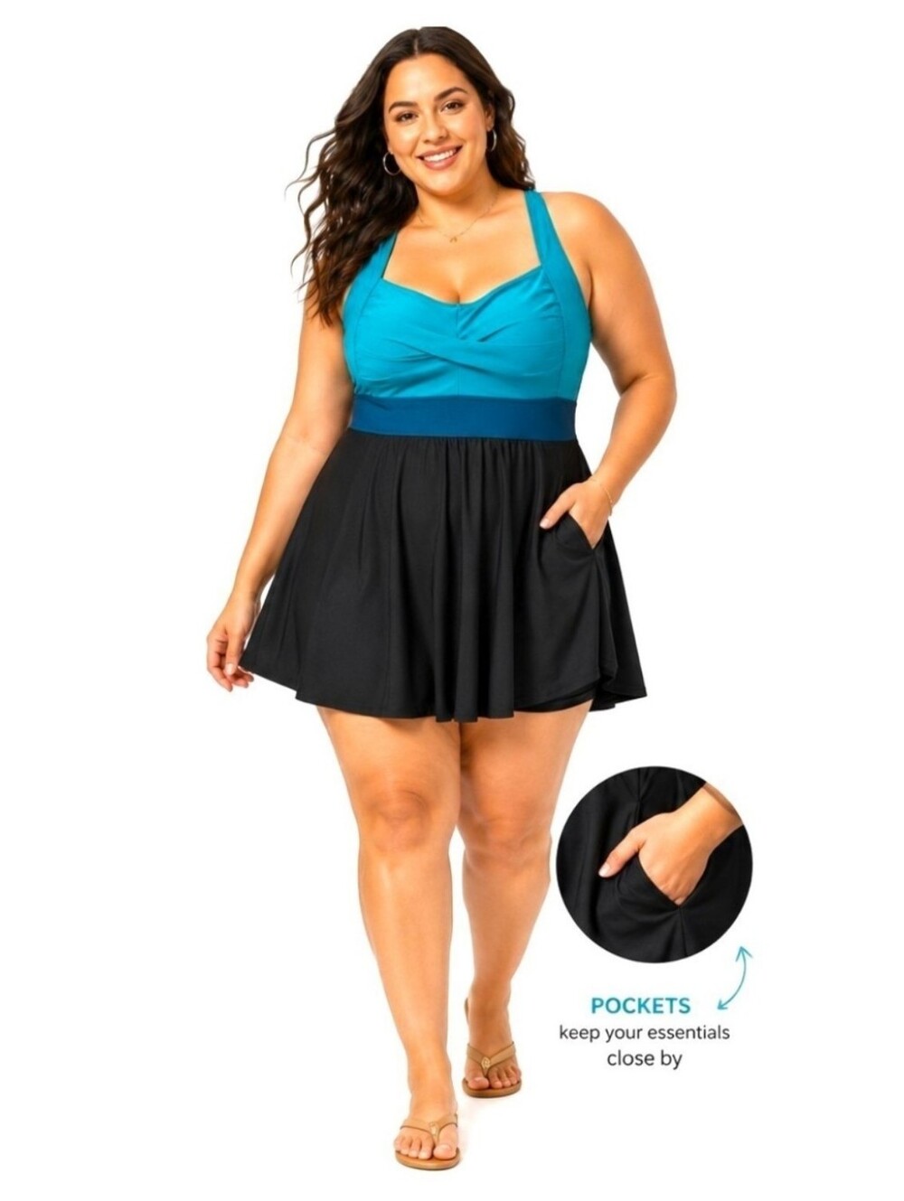 BloomChic 18/20 Aqua Black Swim Dress Skort Pockets Built-In Shorts NWT